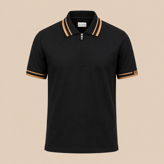 PAL ZILERI Mercerised Zip Trim Polo Black/ Beige