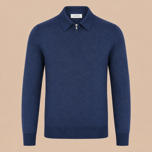 GRAN SASSO Zip Merino Knitwear Polo - Mid Blue