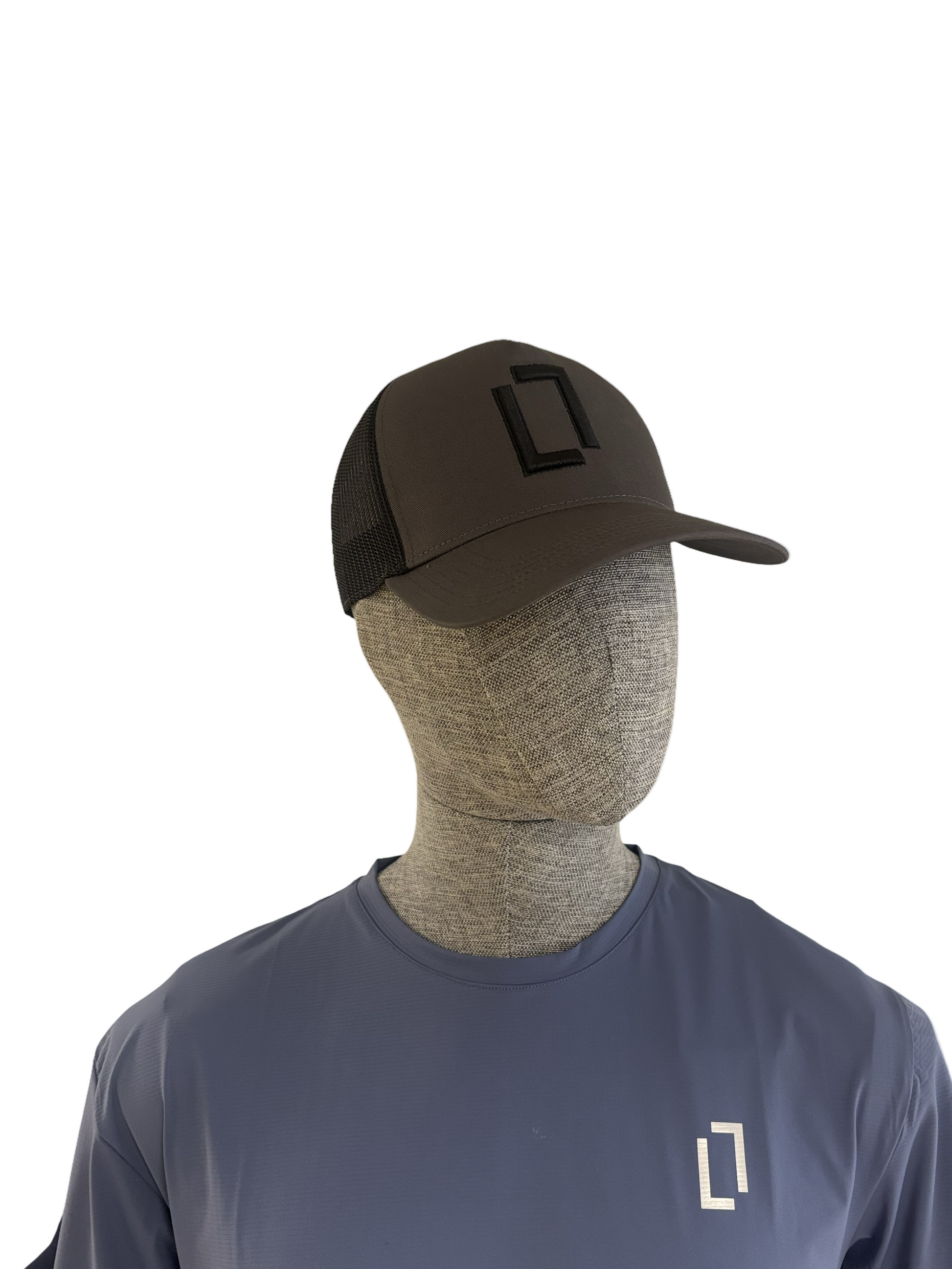 Mannequin wearing a dark brown cap and gray t-shirt with a logo on a white background