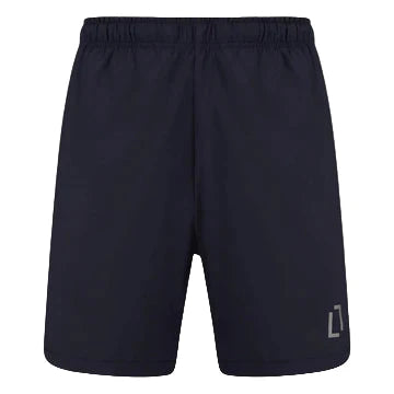 Black shorts with a small logo on a gray background