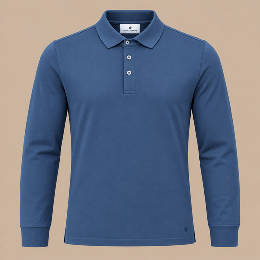 THOMAS MAINE Long Sleeve Polo - Steel Blue.