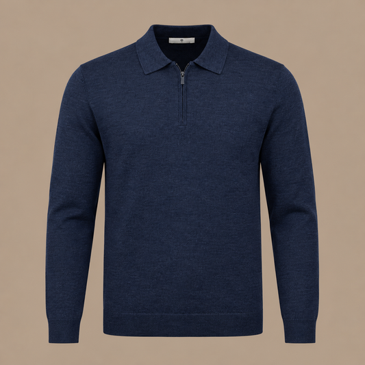 THOMAS MAINE Zip Knit Polo - Deep Blue.